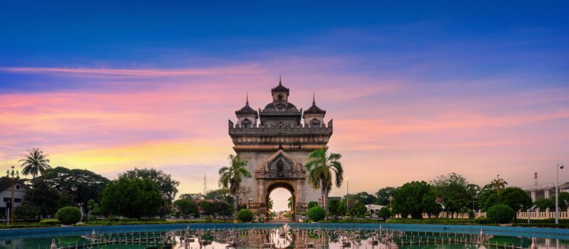 Patuxai (Patuxay) at twilight in Vientiane, Laos.